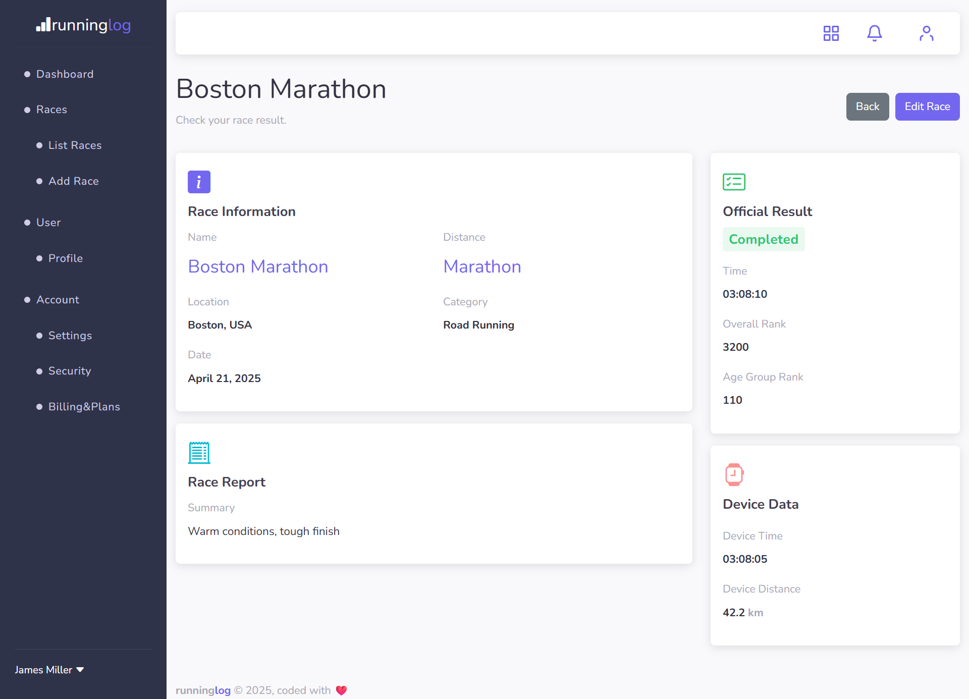runninglog race result